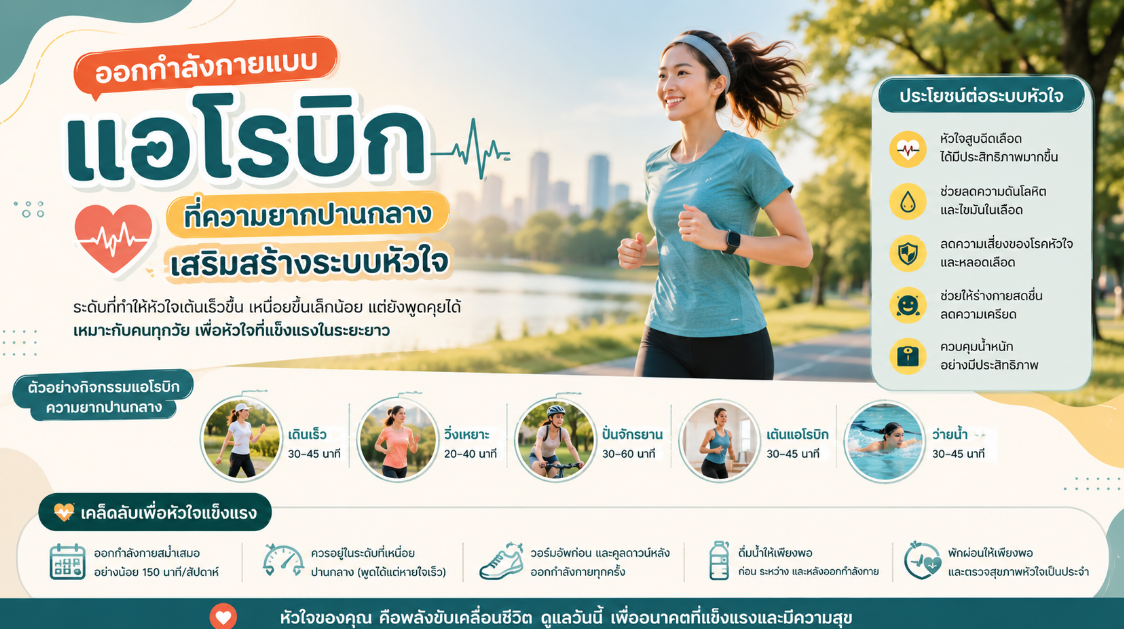 ออกกำลังกายแบบแอโรบิกที่ความยากปานกลาง เสริมสร้างระบบหัวใจ