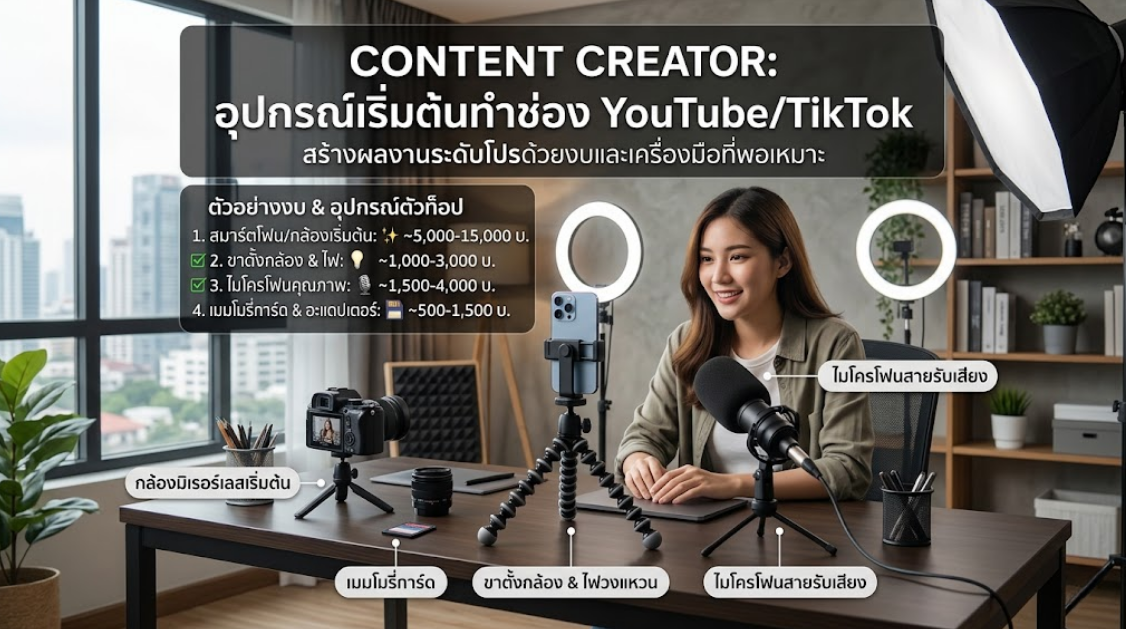 Content Creator อุปกรณ์เริ่มต้นทำช่อง YouTube/TikTok สร้างผลงานระดับโปรด้วยงบและเครื่องมือที่พอเหมาะ